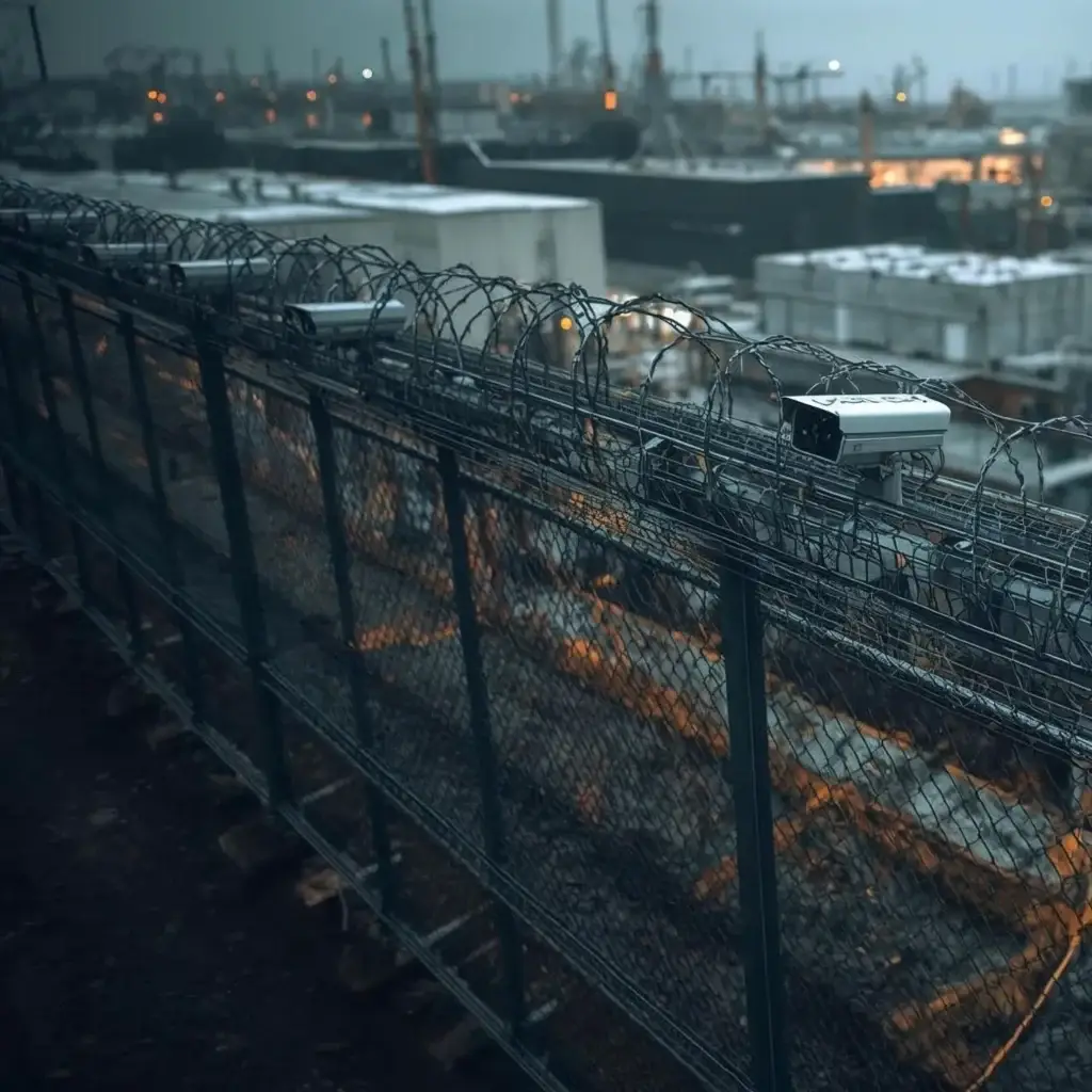 Surveilliance perimeter with fence and cameras supported by NOVERA software.